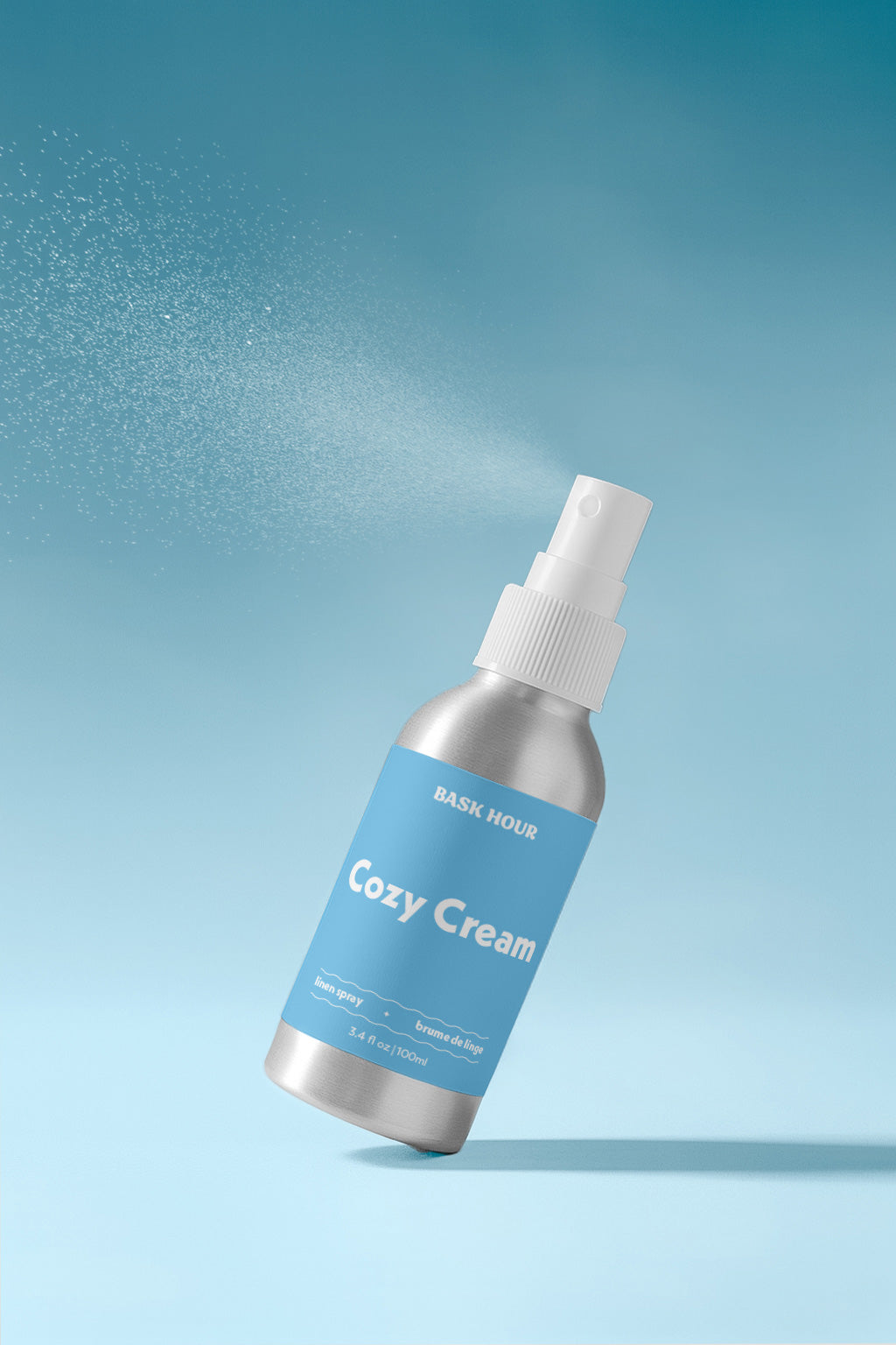 cozy cream scented linen spray with fine mist and clean ingredients.