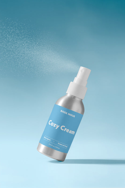 cozy cream scented linen spray with fine mist and clean ingredients.